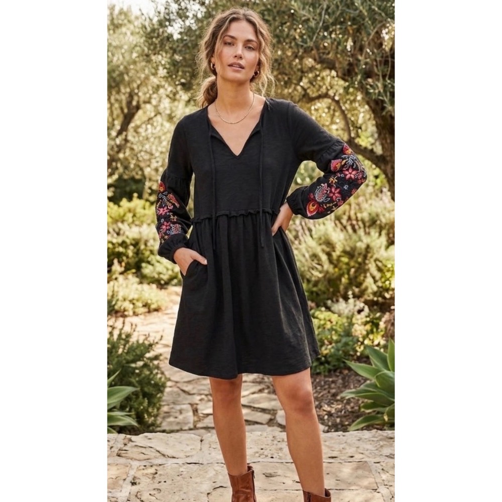 ASOS Black Floral Embroidered Sleeve Boho Smock Mini Dress US 12